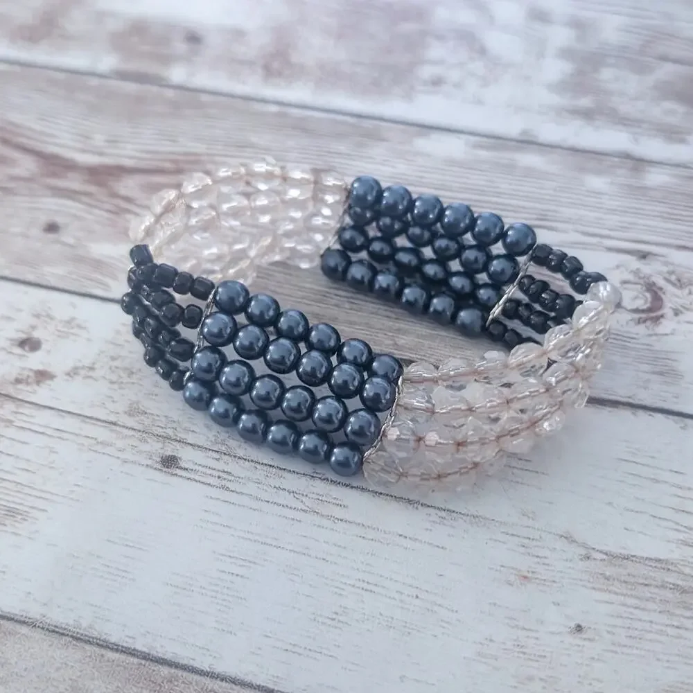 Vintage Stretch Bracelet Three Row Blue, Black, Frosted